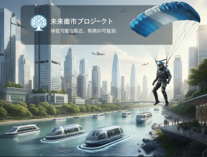 現代的な都市の上空を、宇宙服姿の人物がパラシュートで降りてくるイメージ画像