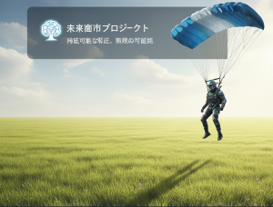 草原に、宇宙服姿の人物がパラシュートで着地するイメージ画像