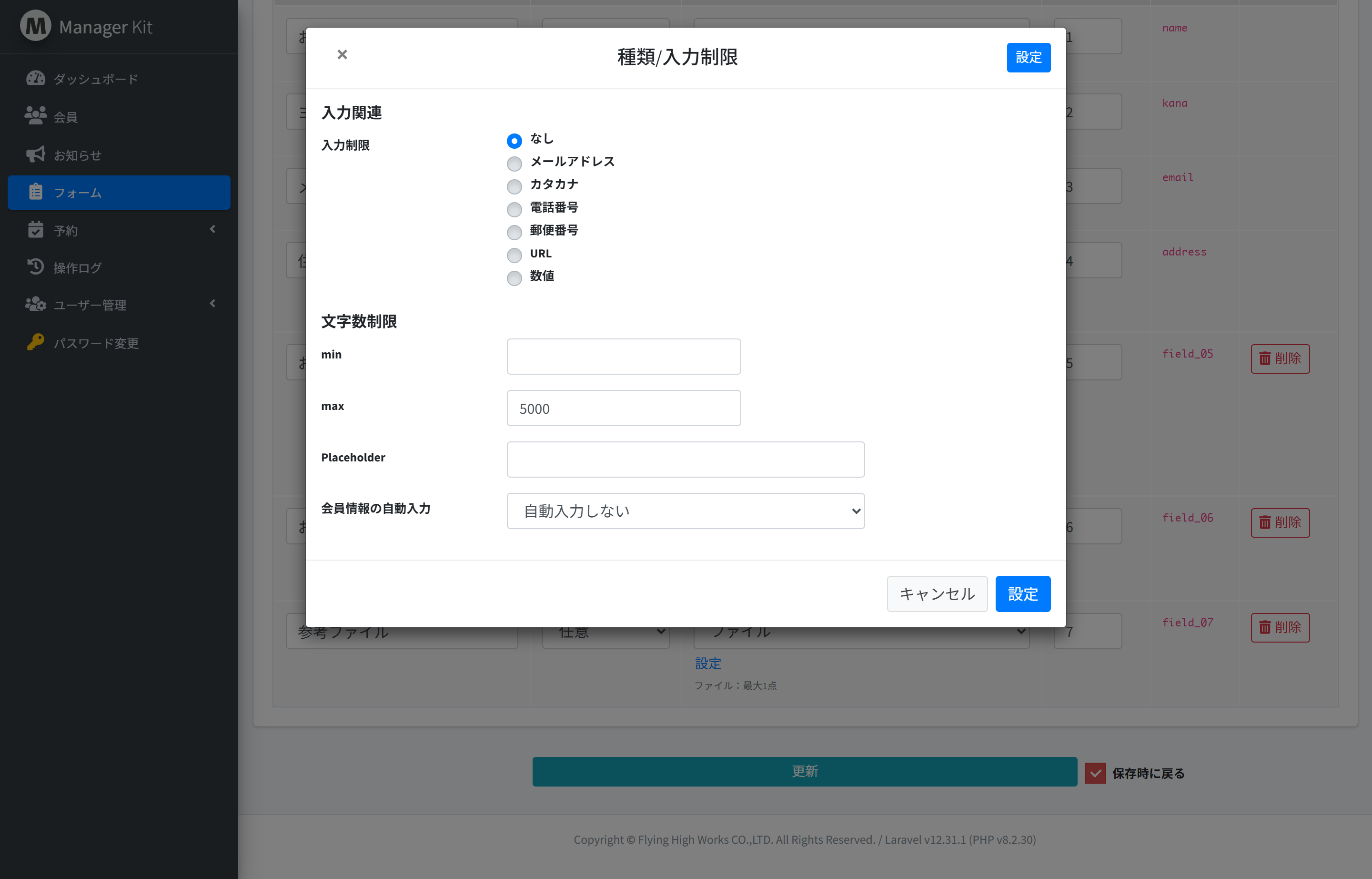 入力制限の設定モーダル。メールアドレス、カタカナ、電話番号などの入力制限を設定できます。