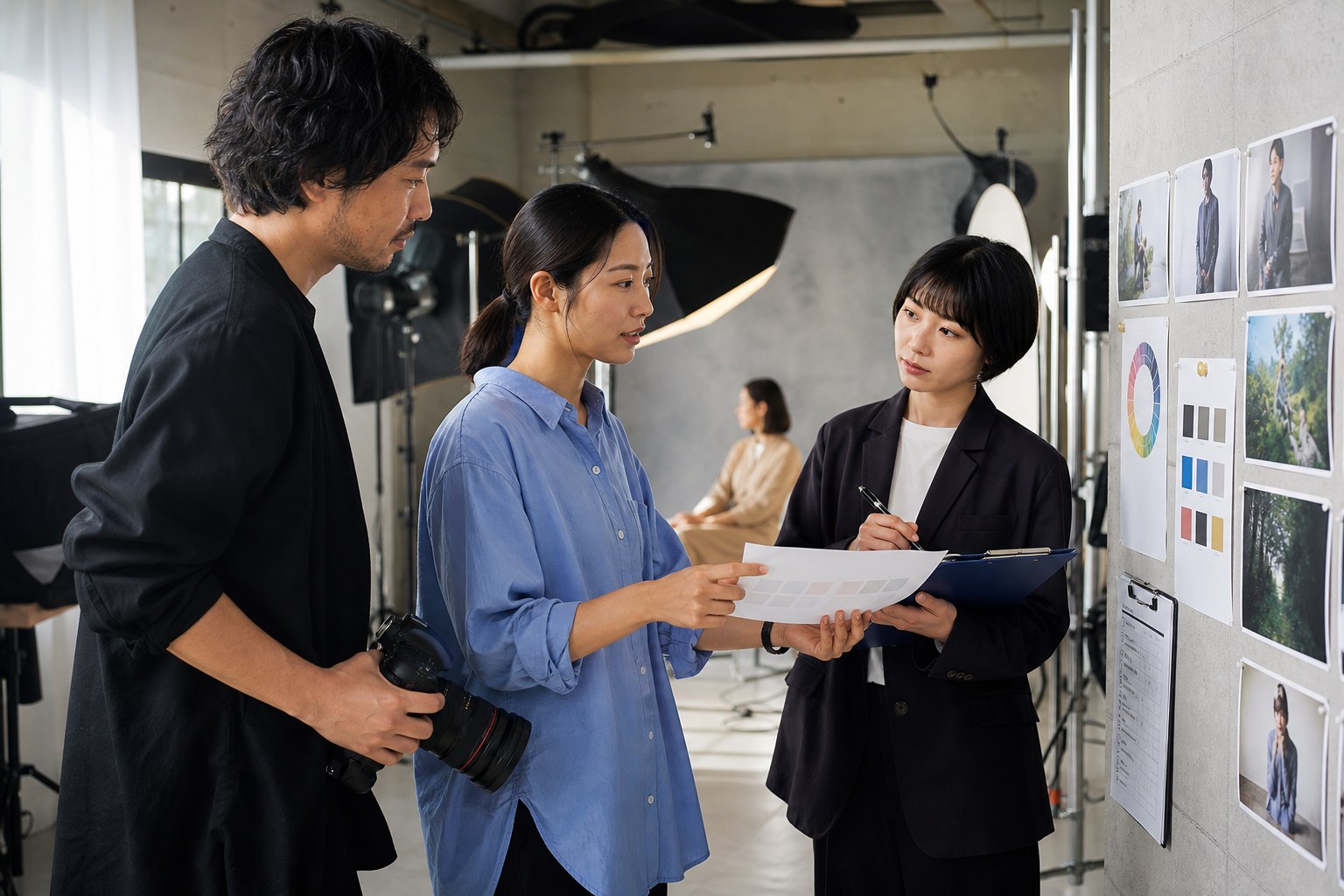 撮影現場で写真と色、公開条件を確認する制作チーム