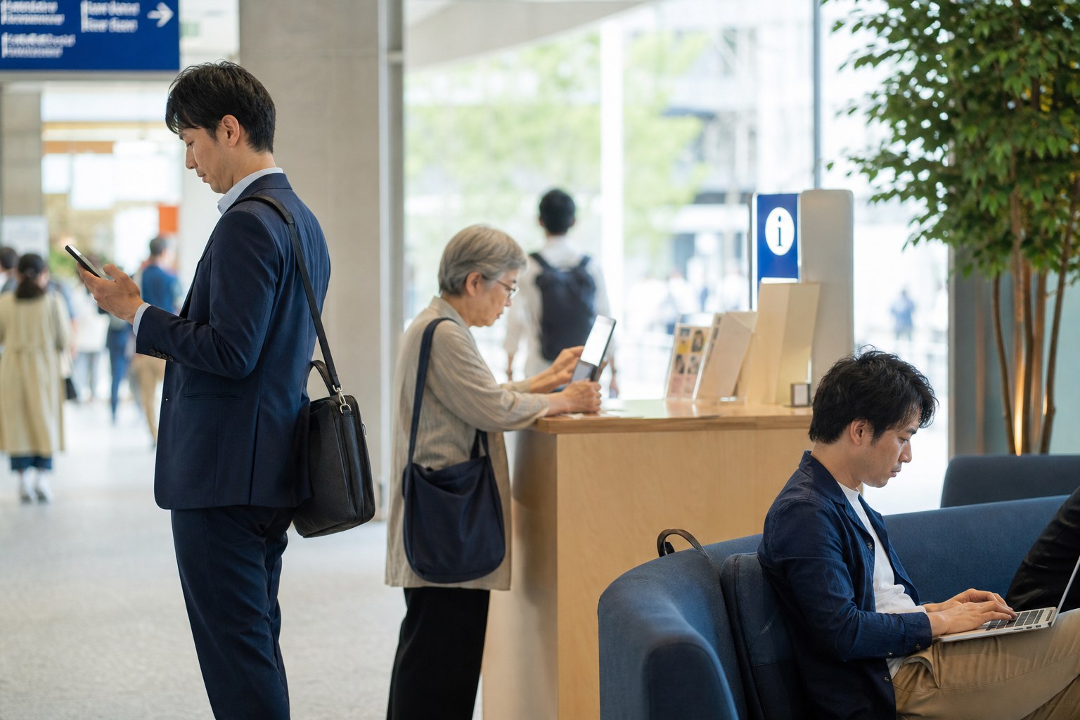 公共空間でスマートフォン、タブレット、ノートPCを使う人々