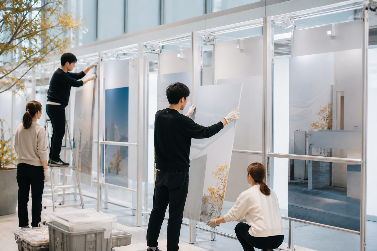 共通フレームへ企画ごとの展示パネルを組み替える制作チーム