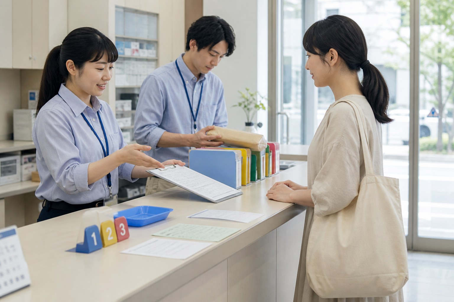 受付窓口で申込書と処理の流れを確認する担当者と利用者